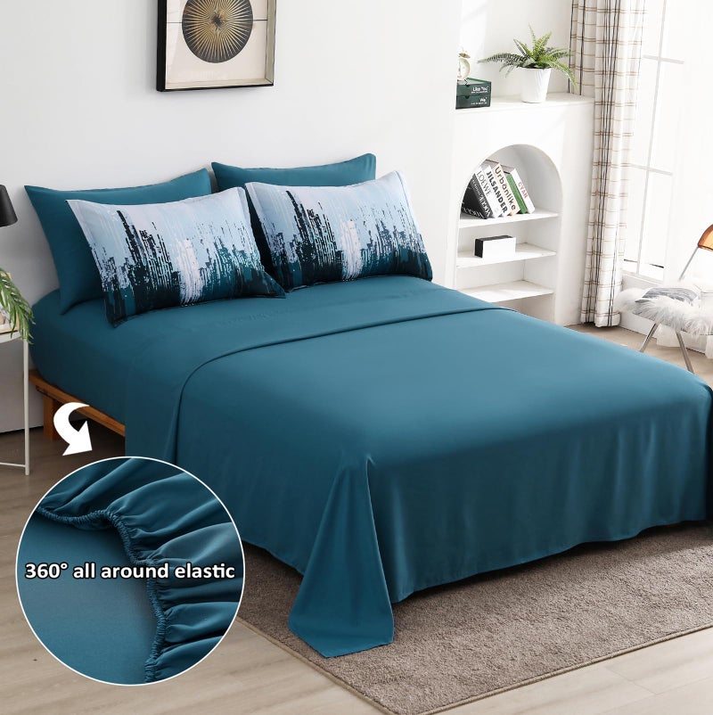 WONGS BEDDING Comforter Set King  Teal Blue 7 Pieces Bed in a Bag Colorful Abstract Art Gradient Comforter Soft Microfiber Bedding Set with Comforter Flat Sheet Fitted Sheet Pillow Shams Pillowcases - Image 5